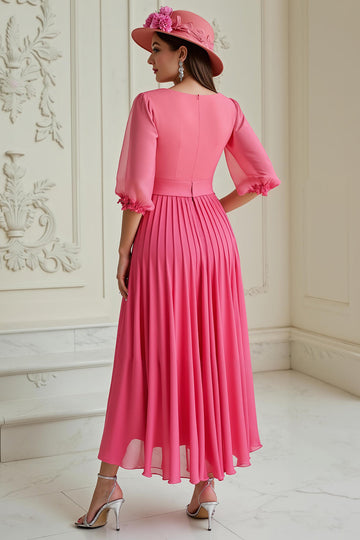 Robe d’invitée de mariée en mousseline de soie plissée rose vif